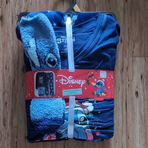 Disney Stitch Women's 3-Piece Pajama Set - Christmas. Navy/ Light Blue. Sz.Lg